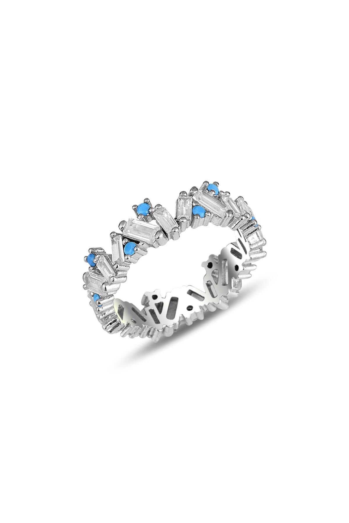 Gümüş rodyumlu özel tasarım turkuaz ve baget taşlı tamtur yüzük SGTL11607RODAJ