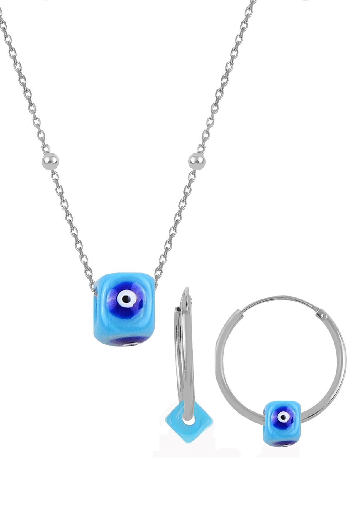 Gümüş rodyumlu top top zincirli turkuaz taşlı kolye ve küpe seti SGTL11298RODAJ