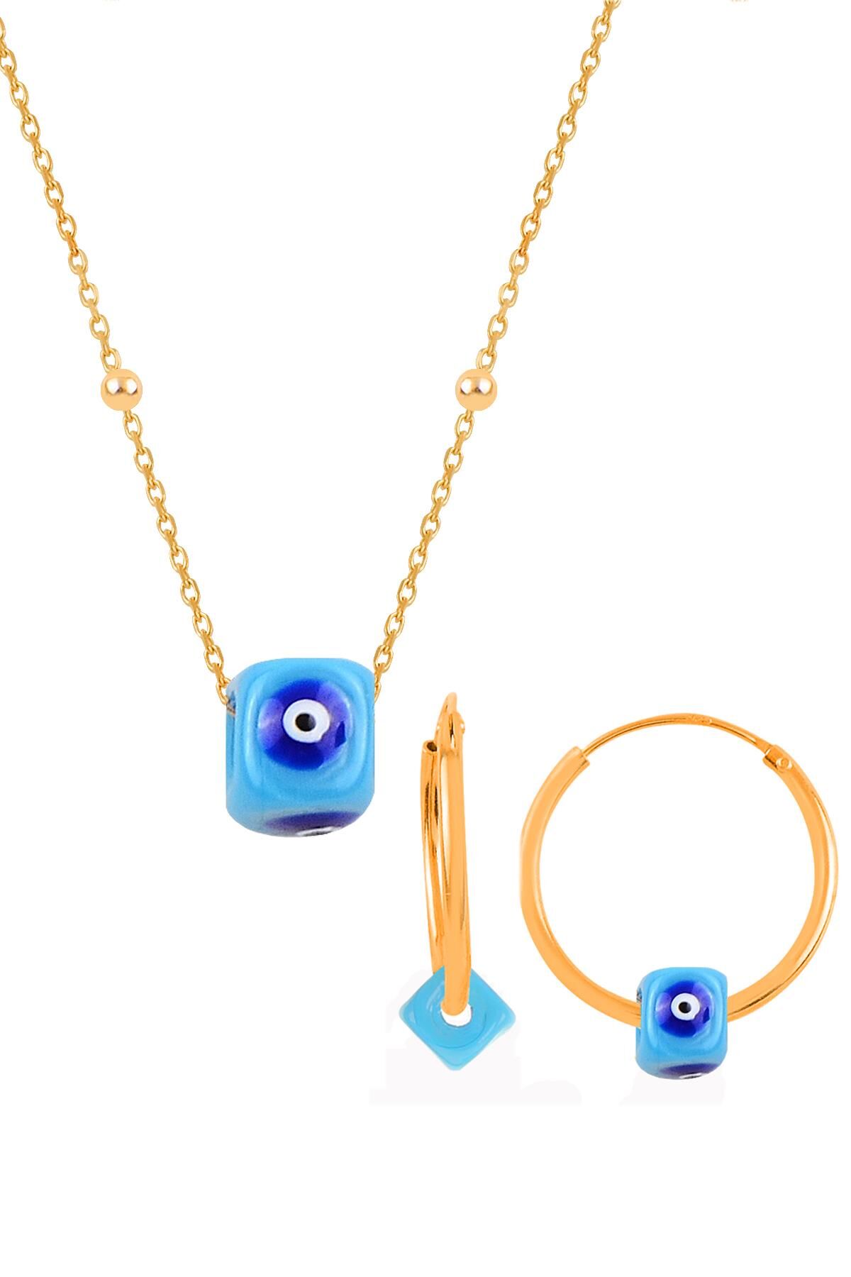 Gümüş altın yaldızlı top top zincirli turkuaz taşlı kolye ve küpe seti SGTL11298GOLD