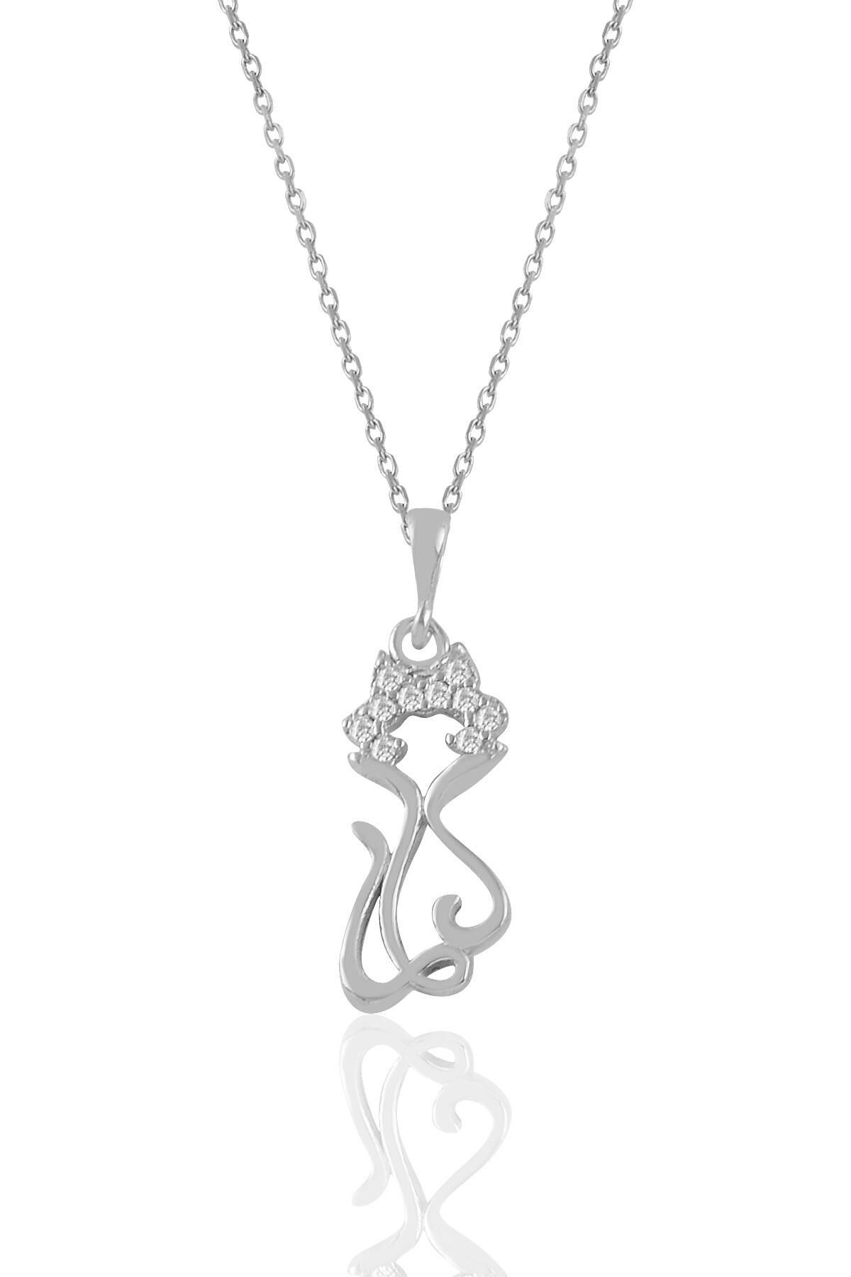 Gümüş rodyumlu zirkon taşlı süslü kedi kolye SGTL11022RODAJ