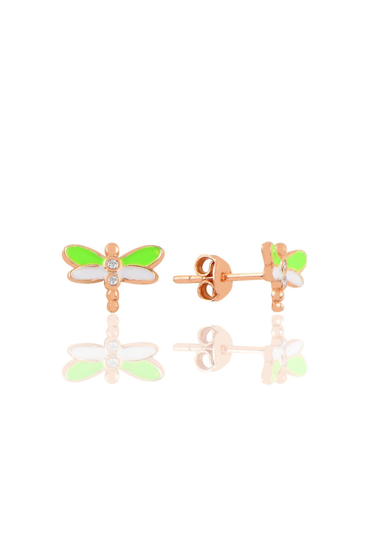 Gümüş rose yeşil mineli zirkon taşlı yusufçuk küpe SGTL11350ROSE