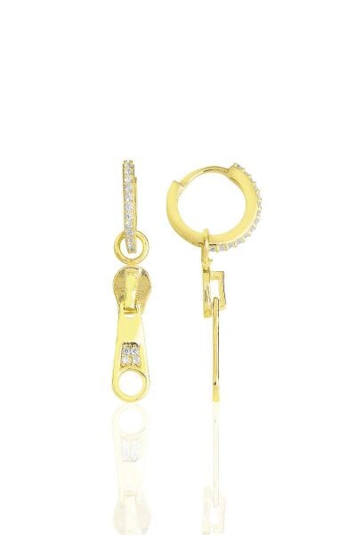 Gümüş altın yaldızlı zirkon taşlı özel tasarım fermuar küpe SGTL11495GOLD