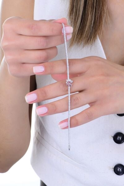 Gümüş rodyumlu pırlanta modeli pembe zirkon taşlı bahar çiçekleri su yolu bileklik SGTL12902PEMBE