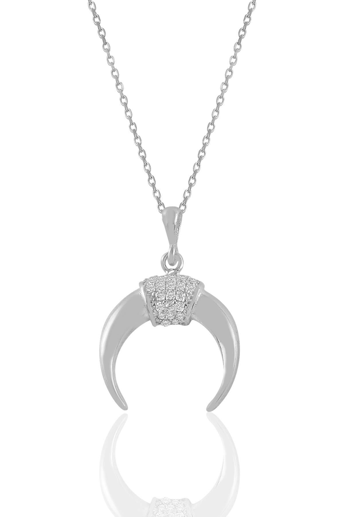 Gümüş rodyumlu zirkon taşlı ters hilal kolye  SGTL11020RODAJ