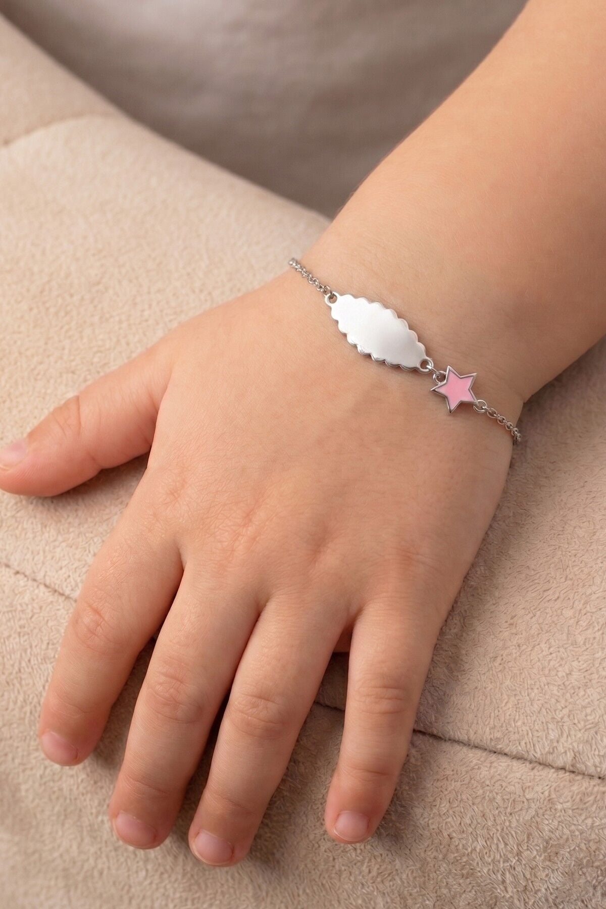925 Ayar Gümüş Mineli Pembe Yıldız ve Bulut Figürlü Bebek Künyesi - Yeni Doğan Hediyesi SGTL13368RODAJ
