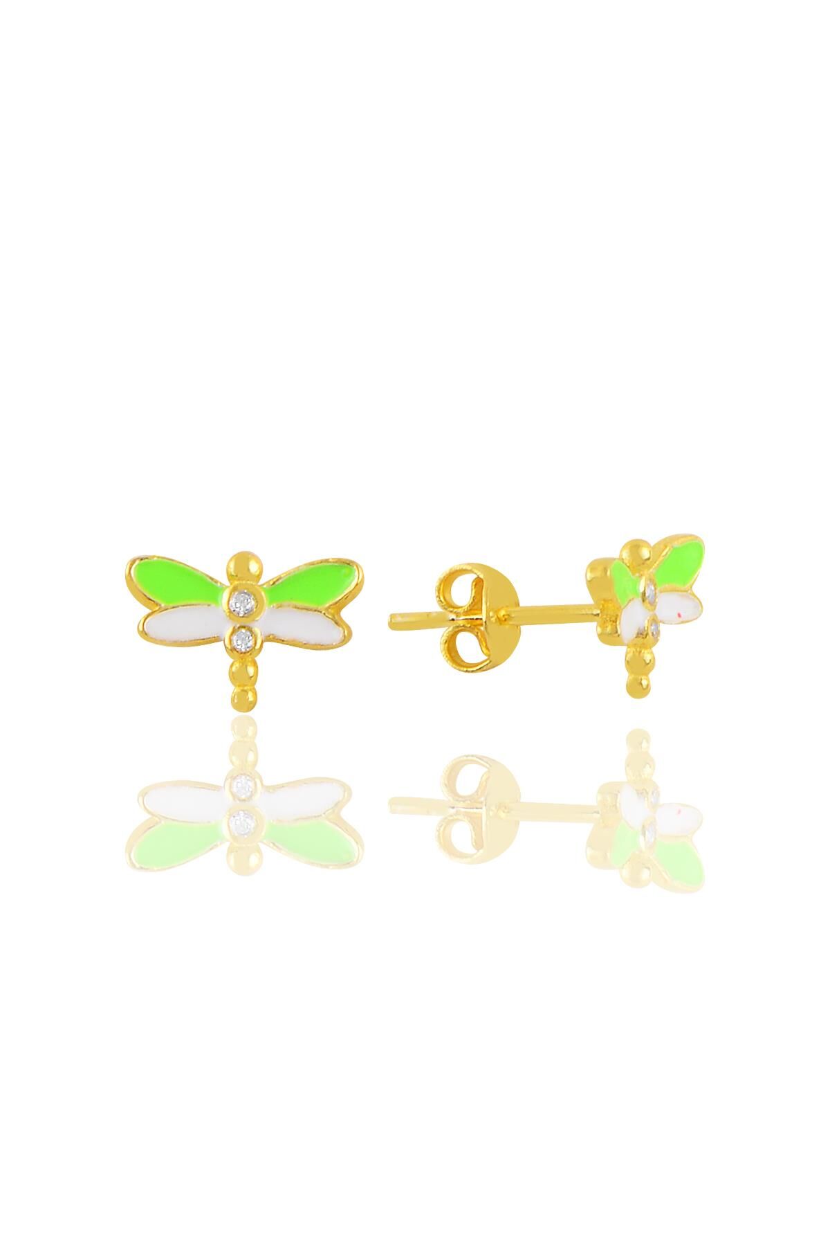 Gümüş altın yaldızlı yeşil mineli zirkon taşlı yusufçuk küpe SGTL11350GOLD