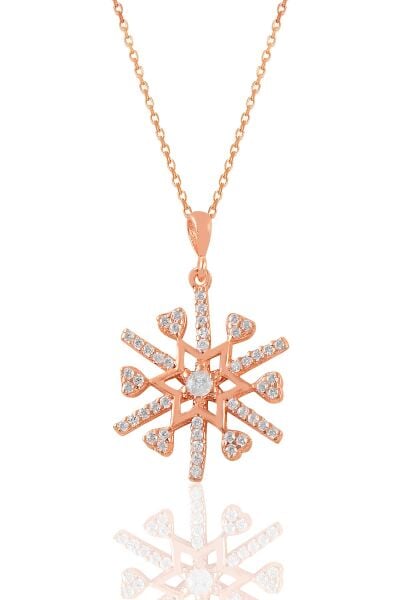 Gümüş rose zirkon taşlı kalpli kar tanesi kolye SGTL11023ROSE