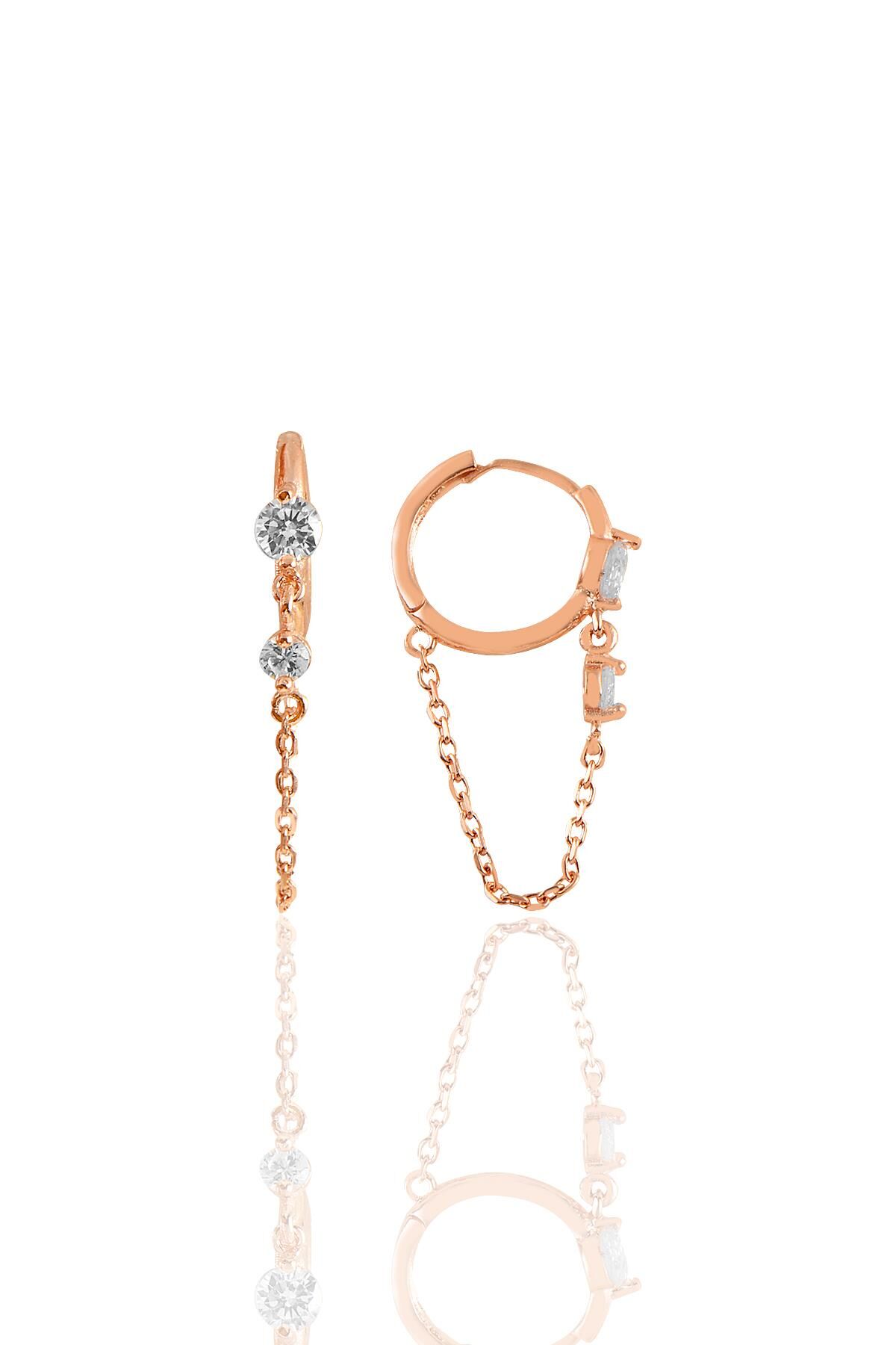 Gümüş rose zirkon taşlı zincirli halka küpe SGTL11349ROSE