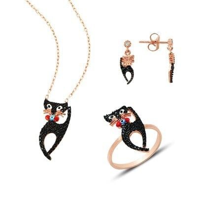 kedi rose kupe yüzük kolye seti set8337