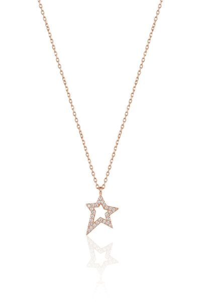 925 Ayar Gümüş Kolye Rose Zirkon Taşlı Asimetrik Yıldız Figürlü Kadın Kolye SGTL13553ROSE