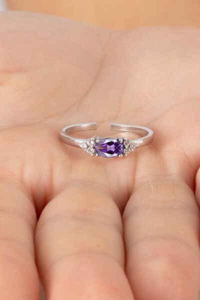 925 ayar gümüş yüzük rodyumlu oval kesim mor taşlı ayarlanabilir prenses yüzük SGTL13128MOR