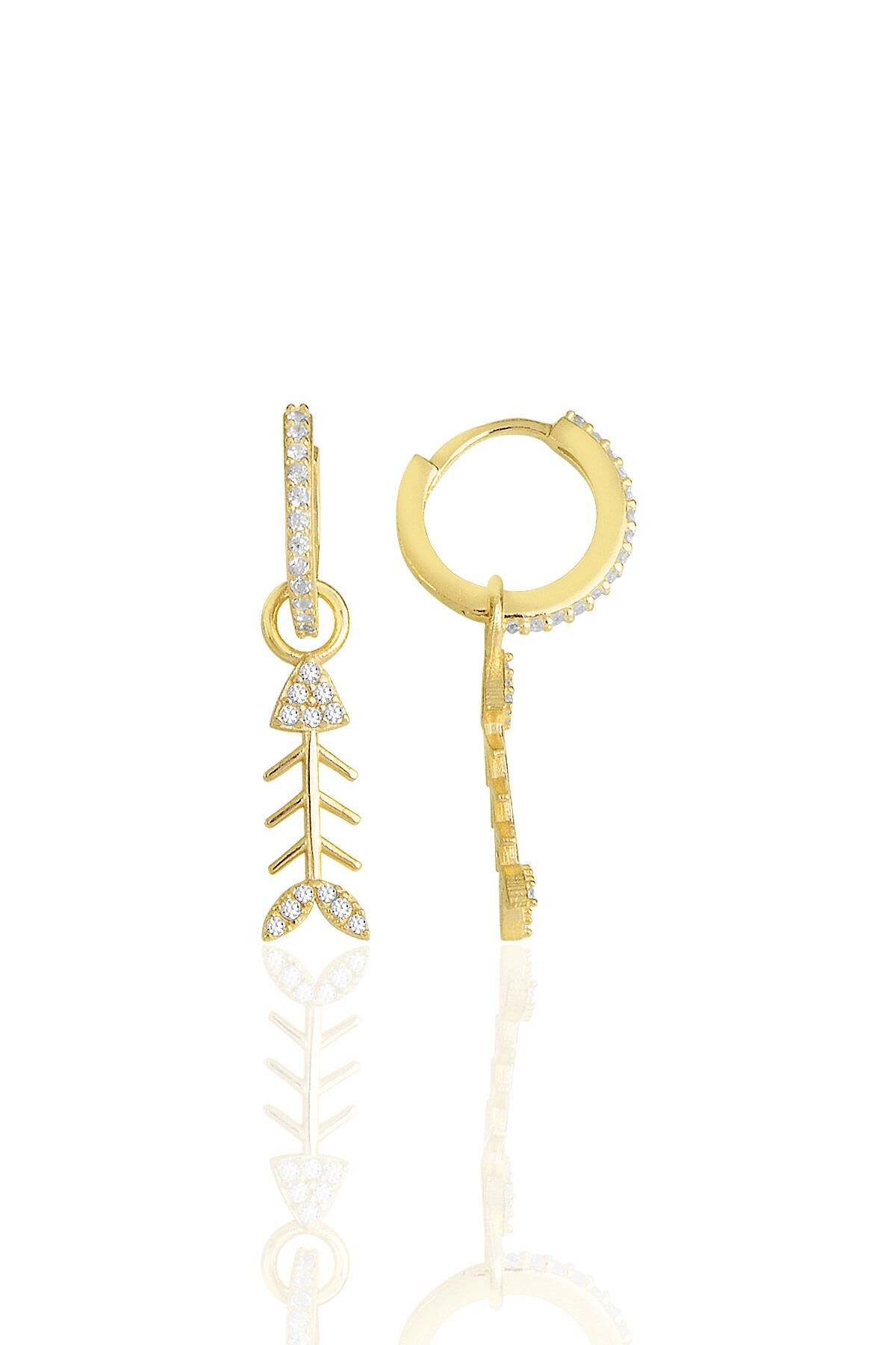 Gümüş altın yaldızlı zirkon taşlı balık kılçığı küpe SGTL11494GOLD