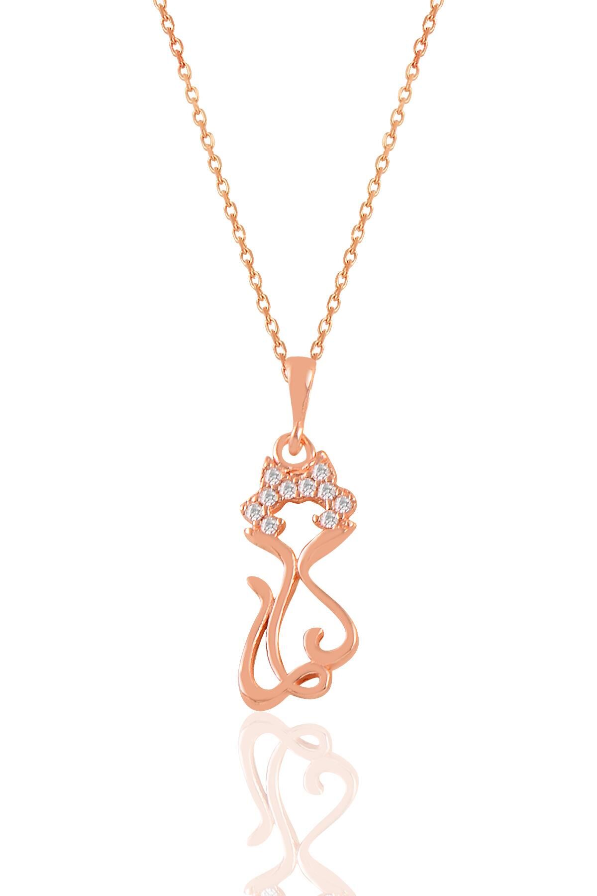 Gümüş rose zirkon taşlı süslü kedi kolye SGTL11022ROSE