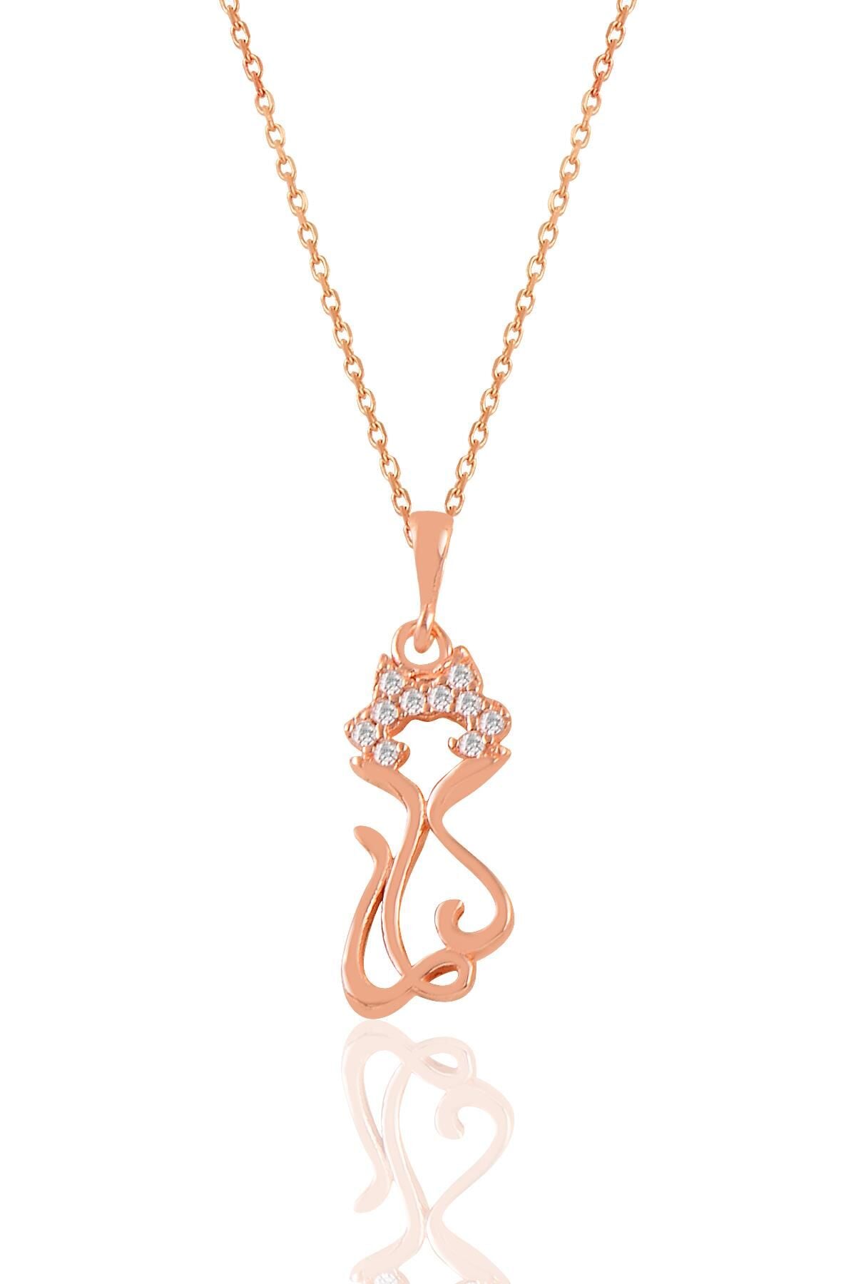 Gümüş rose zirkon taşlı süslü kedi kolye SGTL11022ROSE