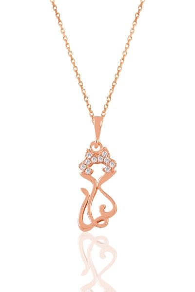 Gümüş rose zirkon taşlı süslü kedi kolye SGTL11022ROSE