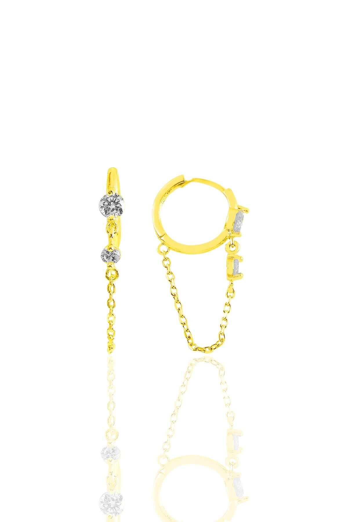 Gümüş altın yaldızlı zirkon taşlı zincirli halka küpe  SGTL11349GOLD