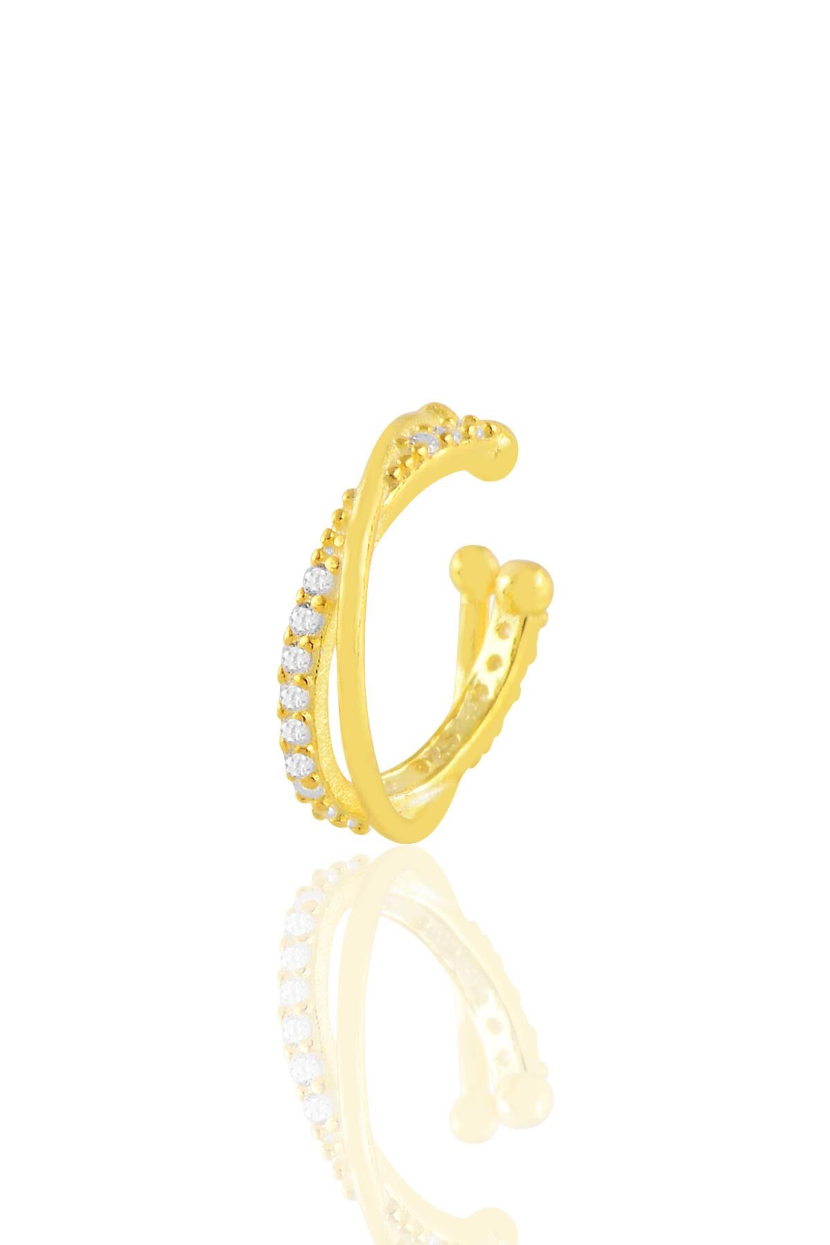 Gümüş altın zirkon taşlı yaldızlı iki sıra görünümlü  sıkıştırmalı tekli kıkırdak küpe SGTL11234GOLD
