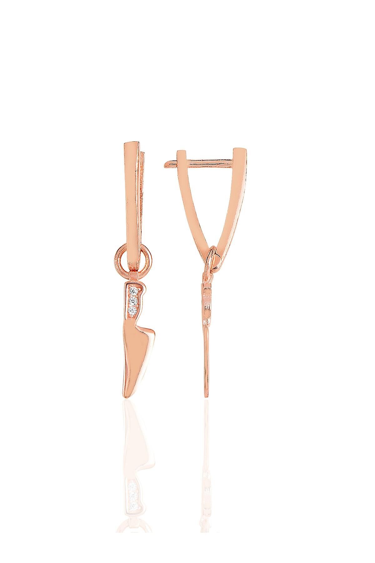 Gümüş  rose zirkon taşlı özel tasarım v bıçak küpe SGTL11493ROSE
