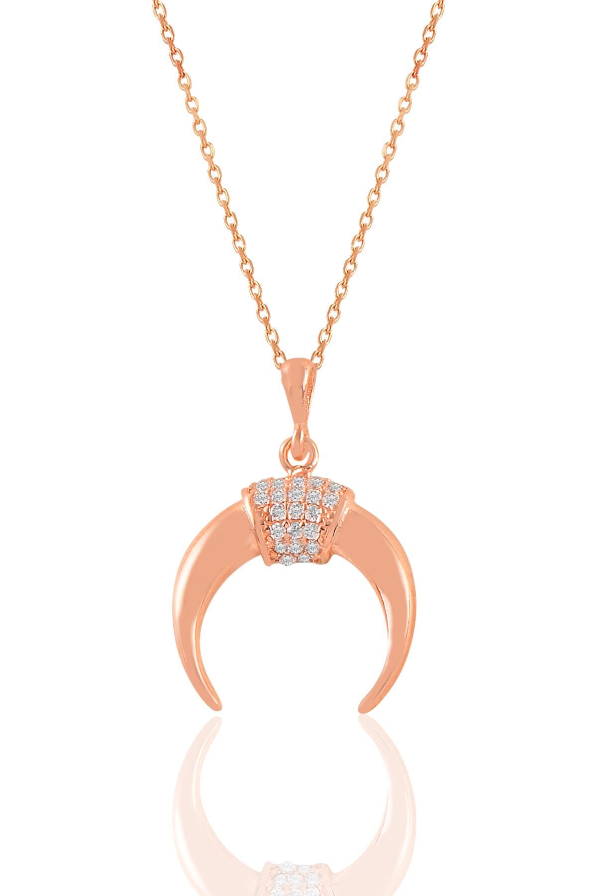 Gümüş rose zirkon taşlı ters hilal kolye  SGTL11020ROSE