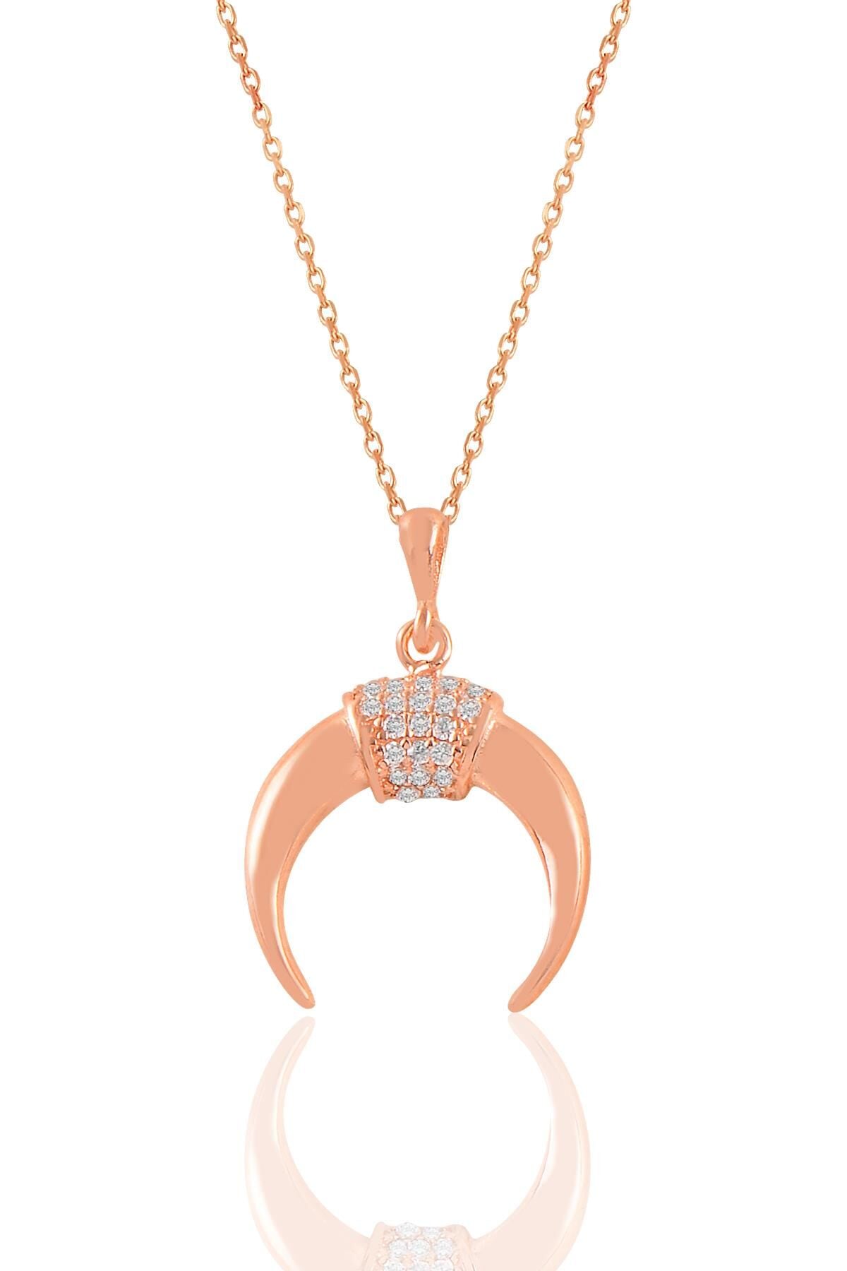 Gümüş rose zirkon taşlı ters hilal kolye  SGTL11020ROSE