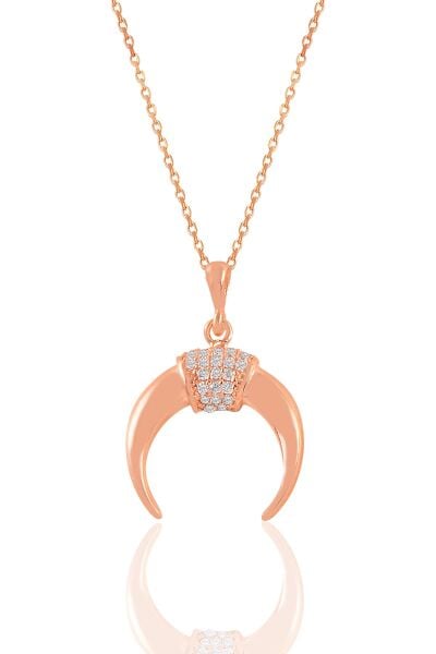 Gümüş rose zirkon taşlı ters hilal kolye  SGTL11020ROSE