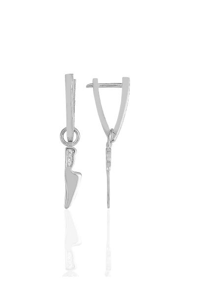 Gümüş rodyumlu zirkon taşlı özel tasarım v bıçak küpe SGTL11493RODAJ