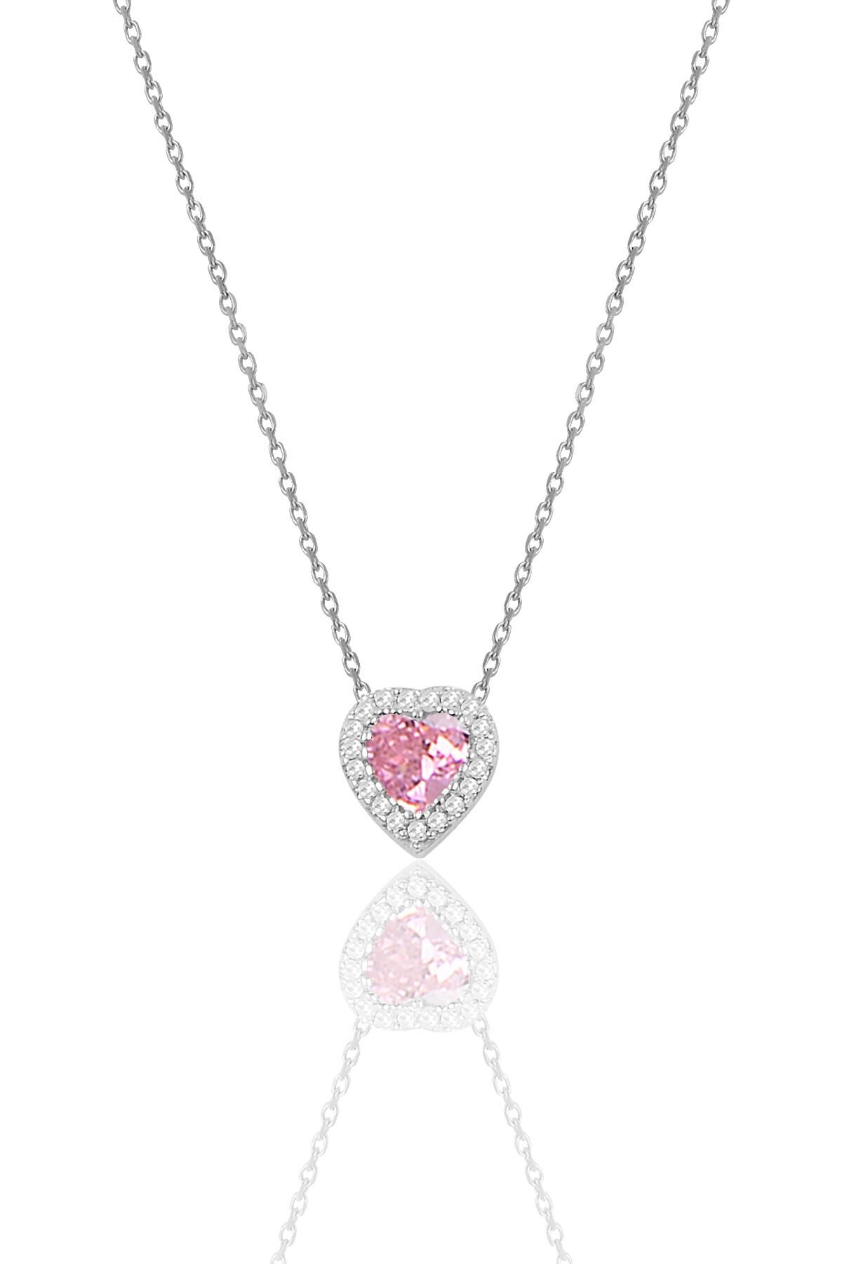 Gümüş rodyumlu pırlanta modeli pembe zirkon taşlı kalp kolye SGTL11806RODAJ