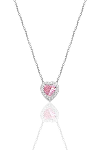 Gümüş rodyumlu pırlanta modeli pembe zirkon taşlı kalp kolye SGTL11806RODAJ