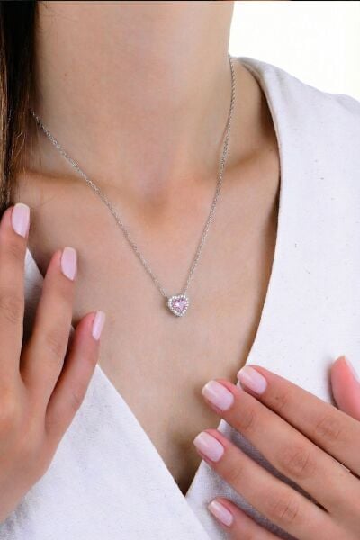 Gümüş rodyumlu pırlanta modeli pembe zirkon taşlı kalp kolye SGTL11806RODAJ