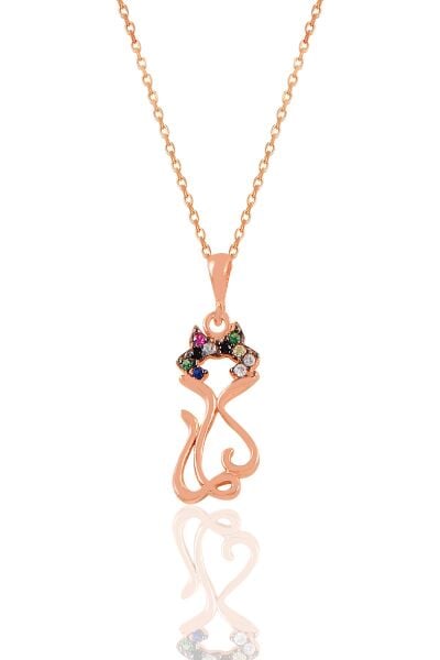 Gümüş rose renkli taşlı süslü kedi kolye SGTL11022RENKLI