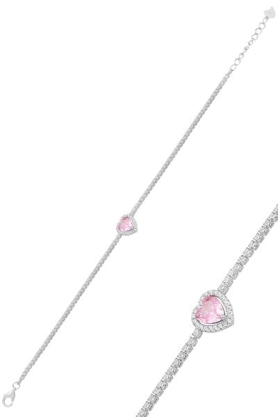Gümüş beyaz altın rodyumlu pembe zirkon taşlı pırlanta montürlü love kalp su yolu bileklik SGTL12615PEMBE