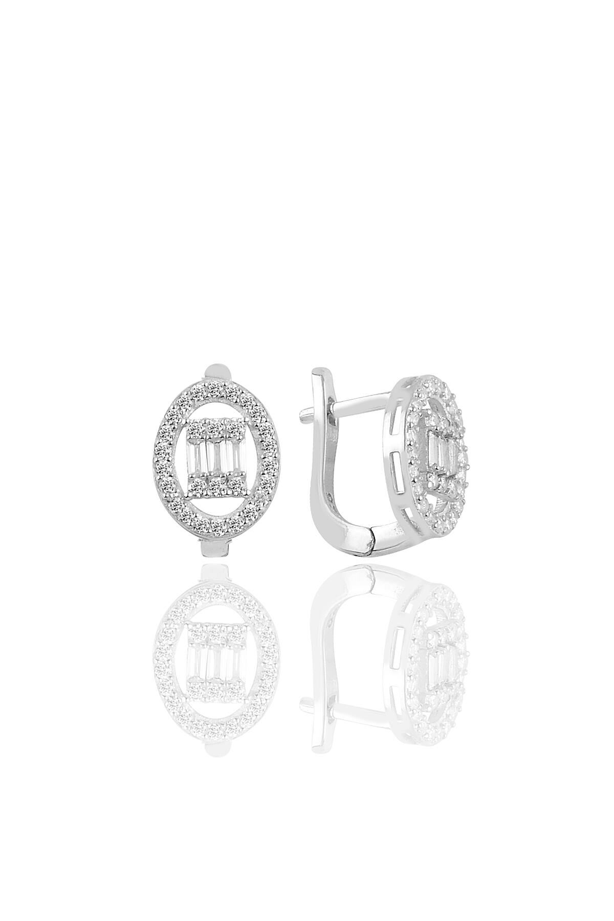 Gümüş rodyumlu oval gümüş düz baget taşlı klipsli küpe SGTL10958RODAJ