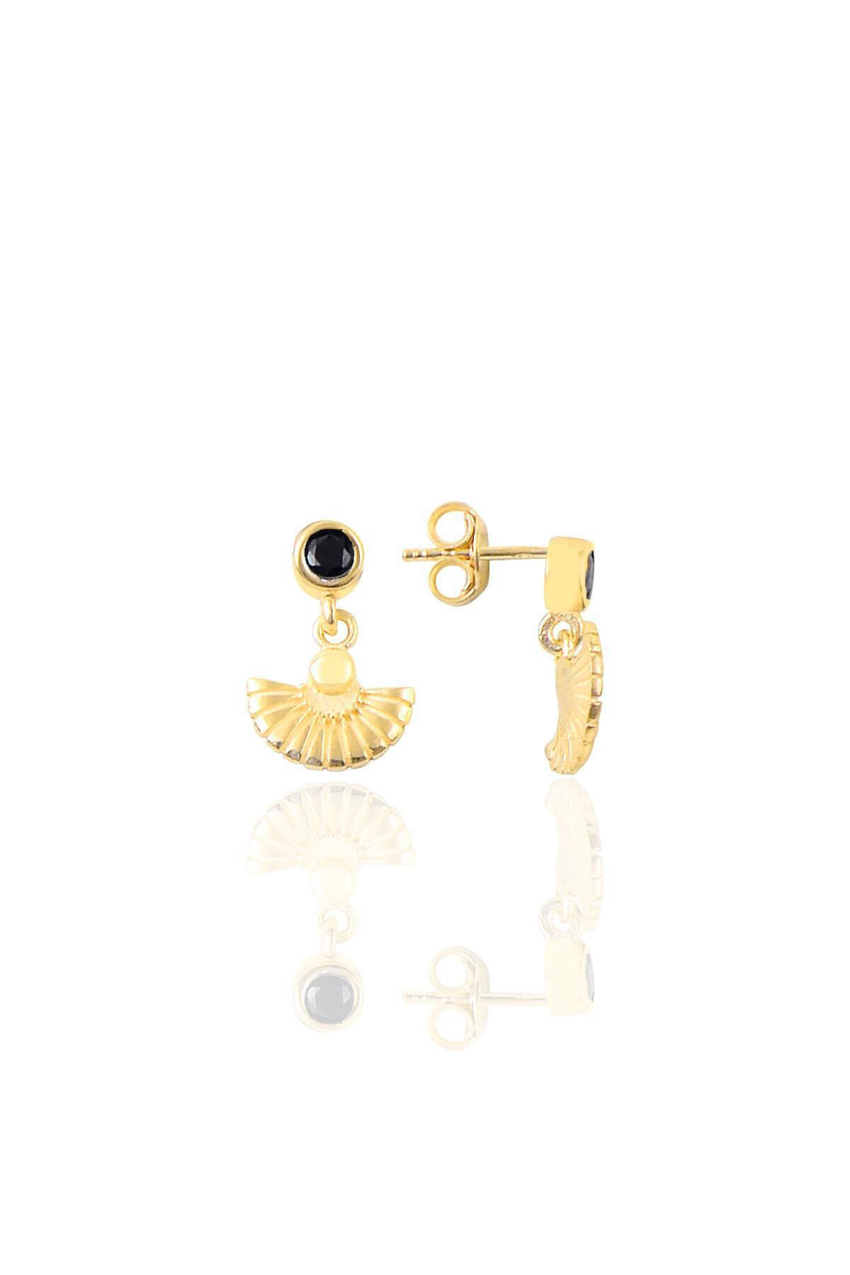 Gümüş altın yaldızlı onix taşlı meltem midye küpe SGTL12616GOLD