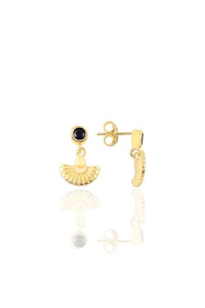 Gümüş altın yaldızlı onix taşlı meltem midye küpe SGTL12616GOLD