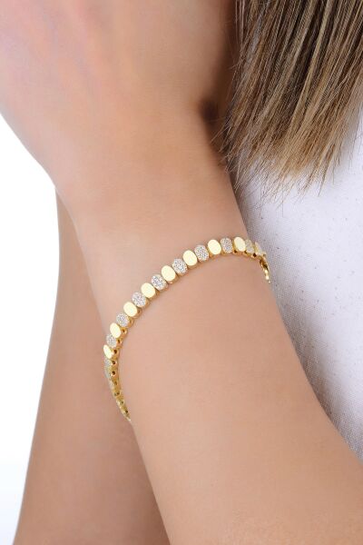 Gümüş altın yaldızlı zirkon taşlı elips modeli sıralı bileklik SGTL12893GOLD