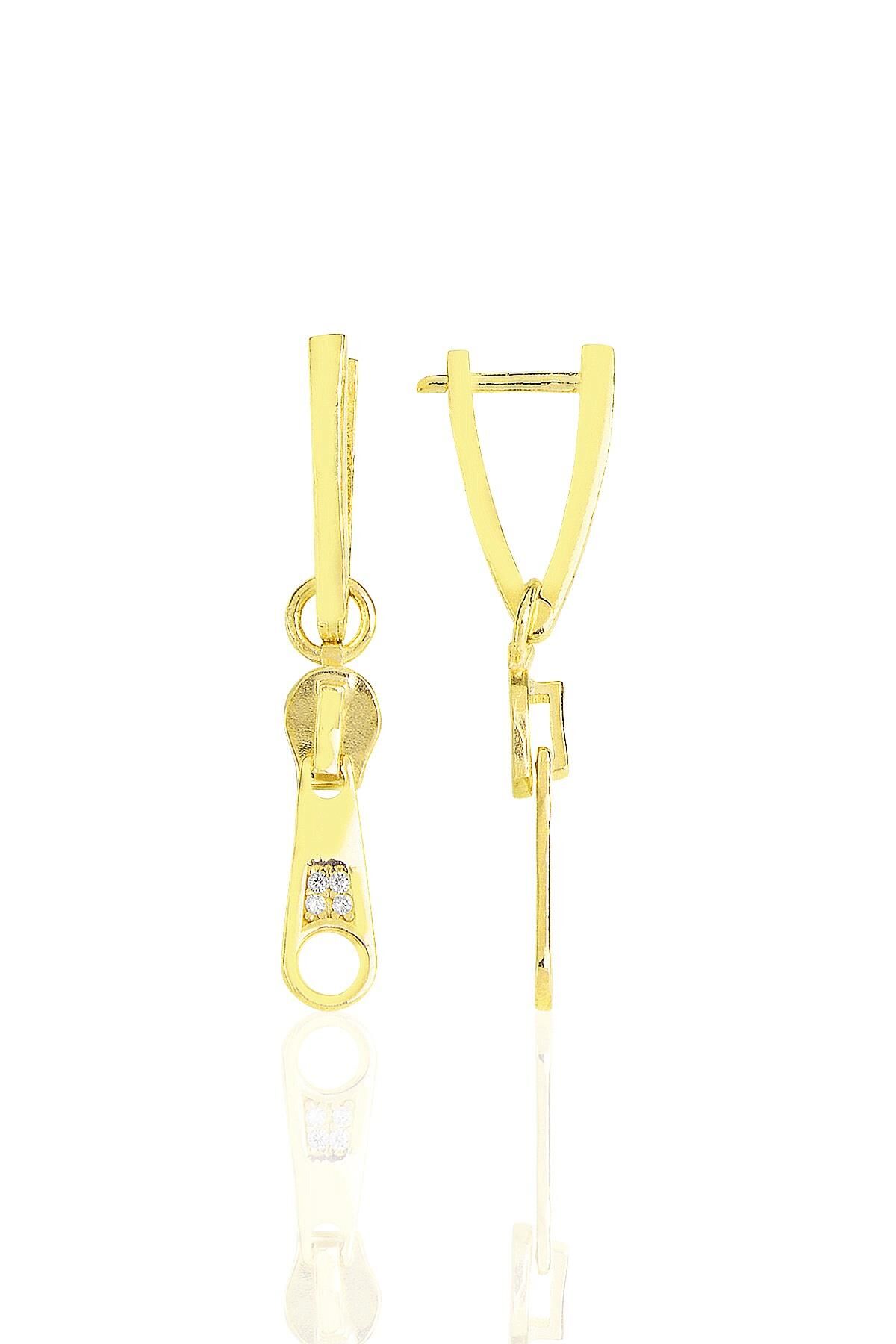 Gümüş altın yaldızlı zirkon taşlı özel tasarım fermuar v küpe SGTL11492GOLD