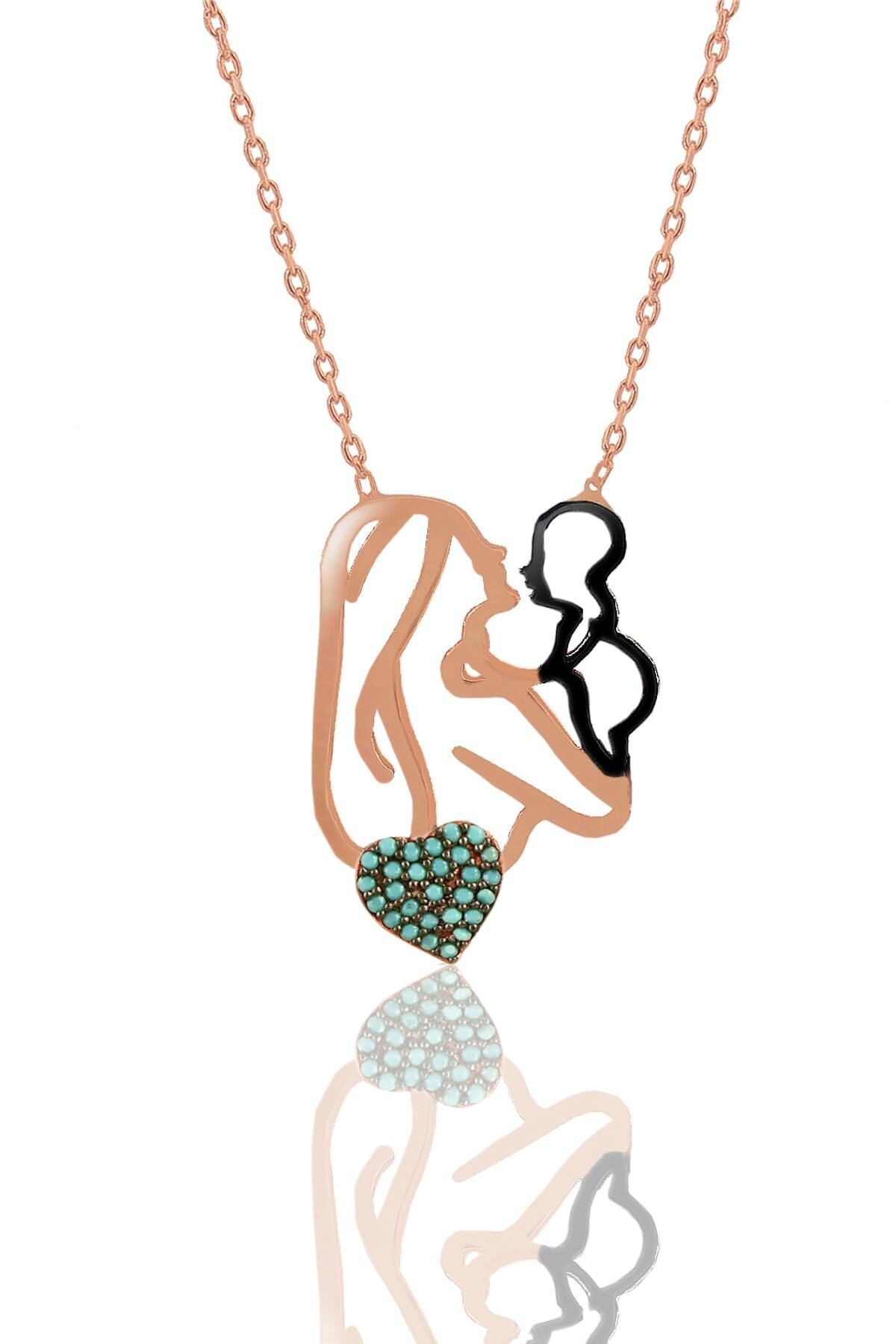 Gümüş rose turkuaz taşlı annesinin bir tanesi kolye SGTL11294MAVI