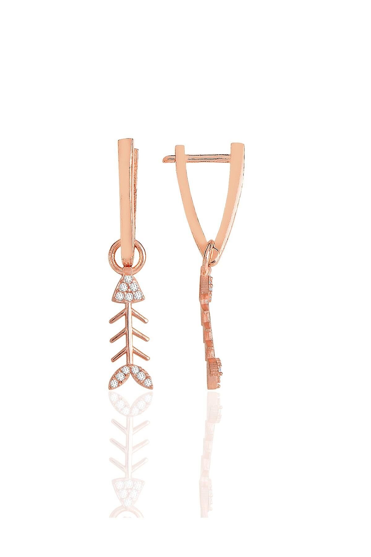 Gümüş rose zirkon taşlı balık kılçığı v küpe SGTL11491ROSE