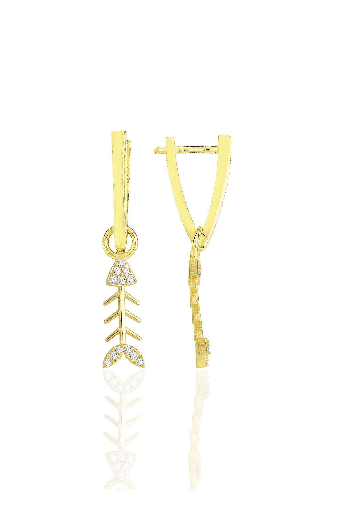 Gümüş altın yaldızlı zirkon taşlı balık kılçığı v küpe SGTL11491GOLD