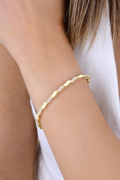 Gümüş altın yaldızlı zirkon taşlı dalgalı ışıltılı bileklik SGTL12895GOLD