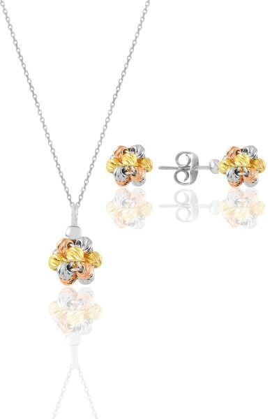 Gümüş altın yaldızlı, rodaj ve rose renkli dorissa dorica top kolye ve küpe seti SGTL11346SET