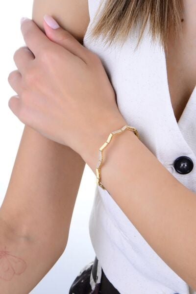 Gümüş altın yaldızlı zirkon taşlı dalgalı ajda modeli bileklik SGTL12896GOLD