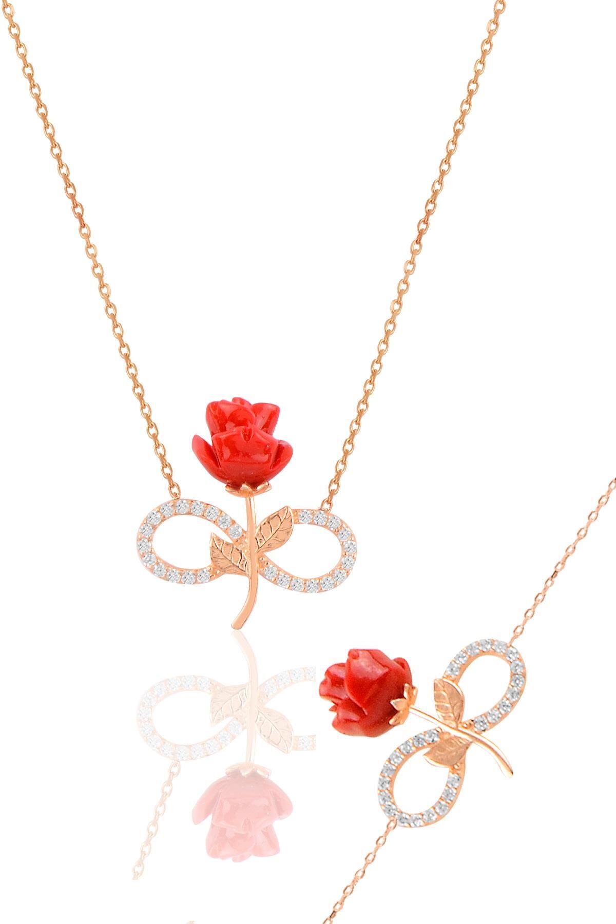 Gümüş  rose kırmızı gül sonsuzluk kolye ve bileklik seti  SGTL10963ROSE