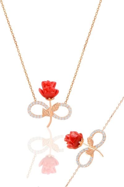 Gümüş  rose kırmızı gül sonsuzluk kolye ve bileklik seti  SGTL10963ROSE