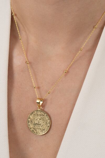 925 ayar gümüş kolye altın yaldızlı top top zincirli Hz. Süleyman mührü kolye SGTL13136GOLD