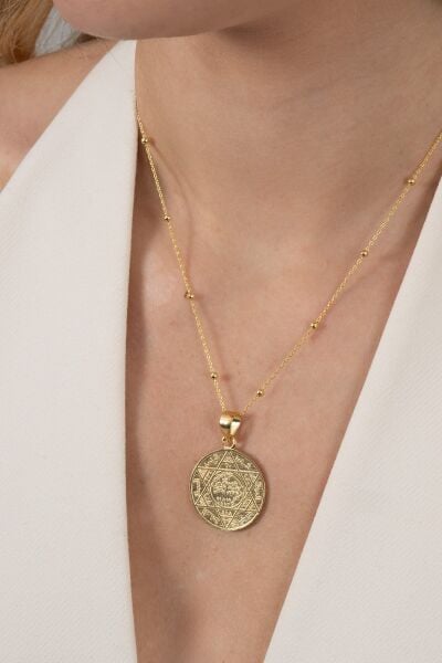 925 ayar gümüş kolye altın yaldızlı top top zincirli Hz. Süleyman mührü kolye SGTL13136GOLD