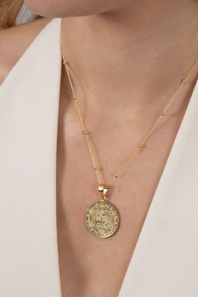 925 ayar gümüş kolye altın yaldızlı top top zincirli Hz. Süleyman mührü kolye SGTL13136GOLD