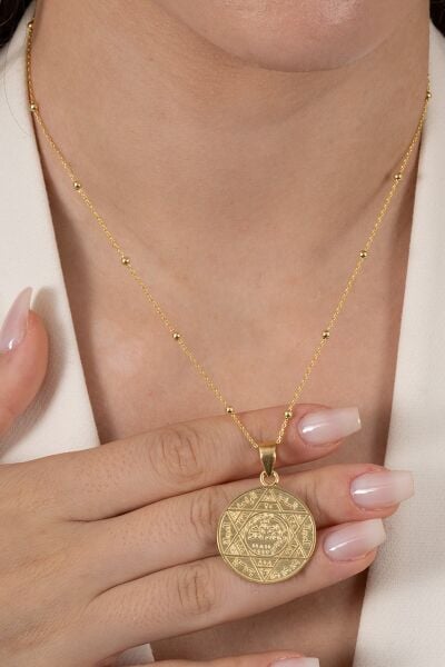 925 ayar gümüş kolye altın yaldızlı top top zincirli Hz. Süleyman mührü kolye SGTL13136GOLD