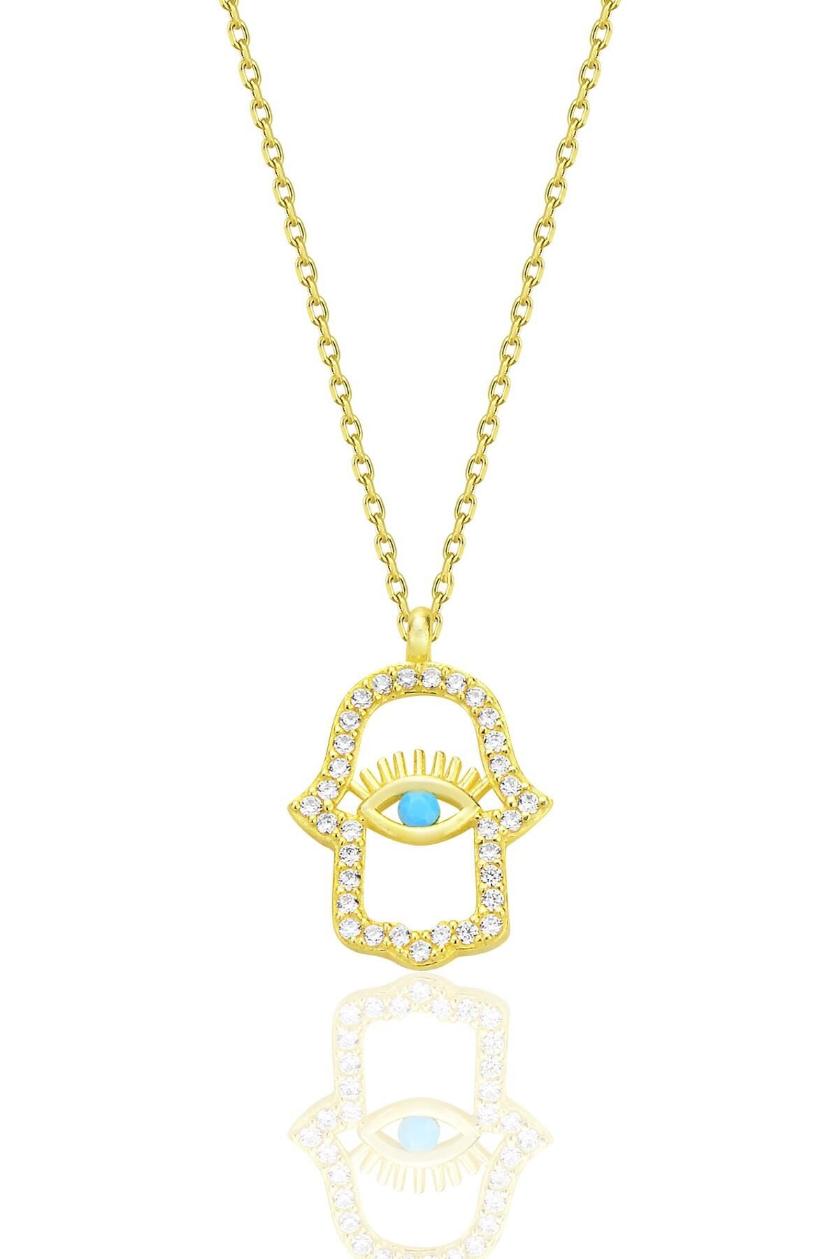Gümüş altın yaldızlı turkuaz ve zirkon taşlı koruyucu hamsa el kolye SGTL12669GOLD