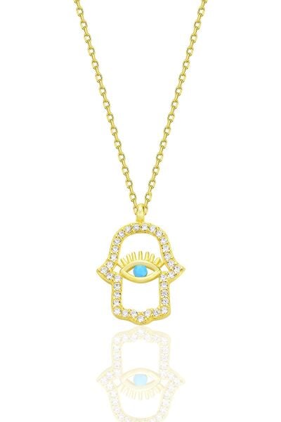 Gümüş altın yaldızlı turkuaz ve zirkon taşlı koruyucu hamsa el kolye SGTL12669GOLD
